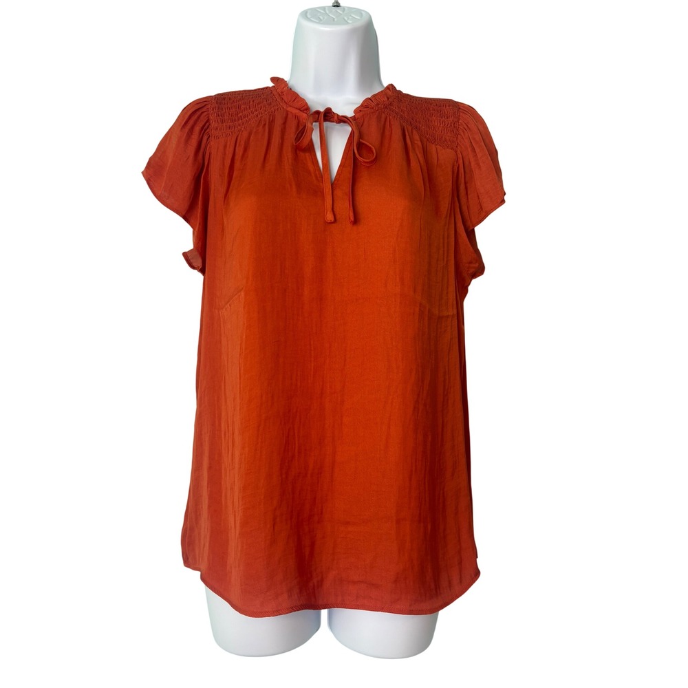 Maison d'Amélie Paris‎ Burnt Orange Smocked Flutter Sleeve Tie Neck Blouse Small